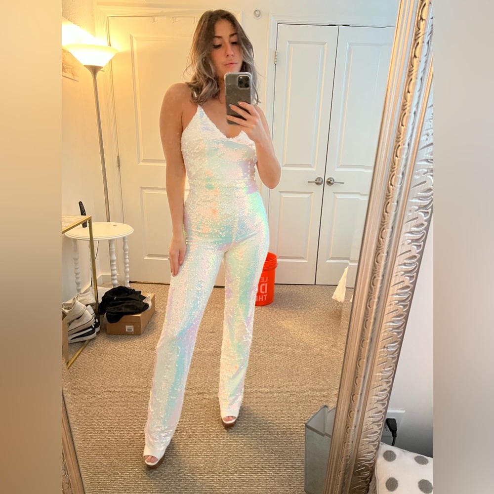 FN White Iridescent Sequin Jumpsuit